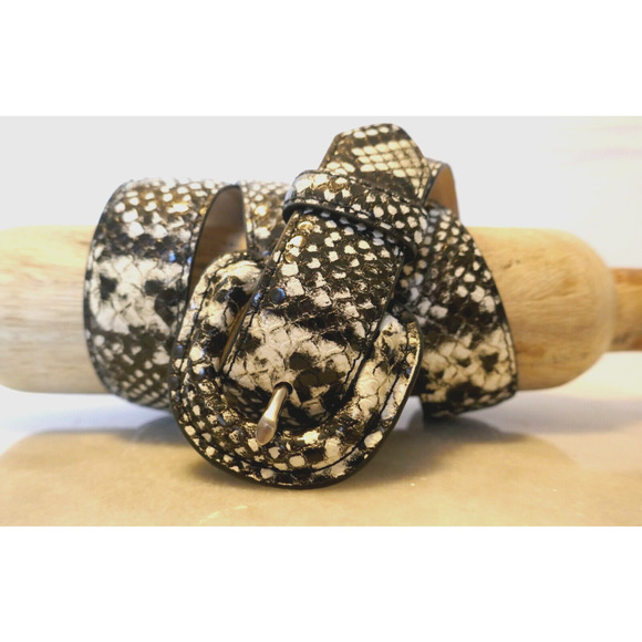 Faux Leather & Leather Lined Embossed Animal Print Belt Women's Black & White L - Picture 2 of 10